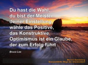 Du hast die Wahl, du bist der Meister deiner Einstellung, wähle das Positive, das Konstruktive. Optimismus ist ein Glaube, der zum Erfolg führt. Zitat Bruce Lee