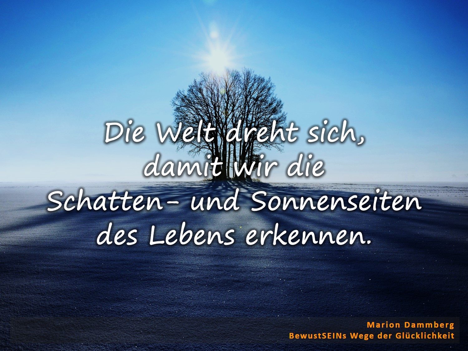 Die Welt dreht sich, damit wir die Schatten- und Sonnenseiten des Lebens erkennen. Worauf wir unsere Aufmerksamkeit richten, das ziehen wir immer wieder in unser Leben. Daher finde das Gute. Das wird deine Aufmerksamkeit verändern, wird deine Einstellung zu den Dingen verwandeln. - BewusstSEINs Wege der Glücklichkeit, Marion Dammberg, BewusstSEINs Life Coach